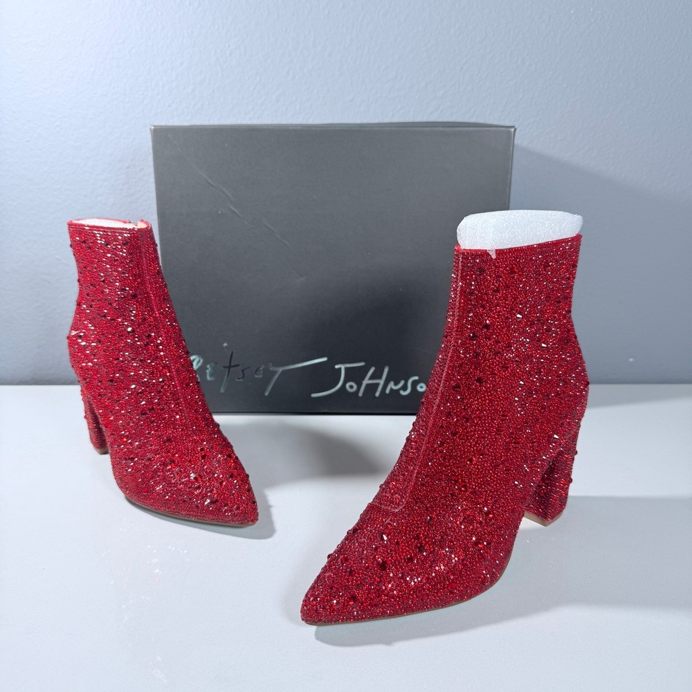 Betsey Johnson SB-Cady Red Rhinestone Glass Stone Block Heel Ankle Boots 5.5M - Picture 11 of 12